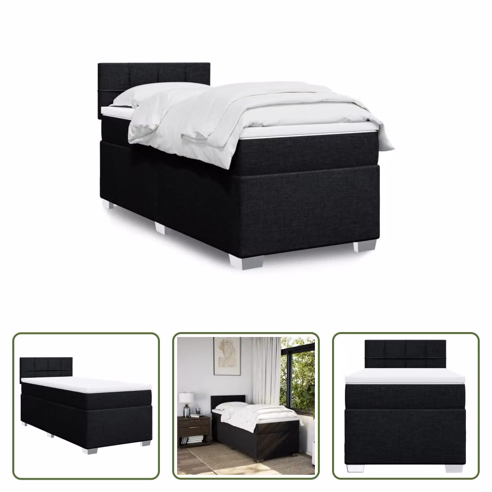 The Living Store Letto a molle con materasso nero 90x190 cm in tessuto