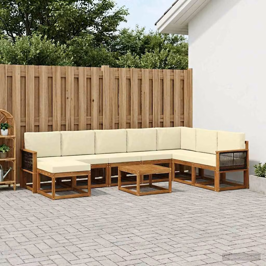 vidaXL Set di divani da esterno a L in legno di acacia con tavolino e pouf, 9 pezzi, Marrone e Beige