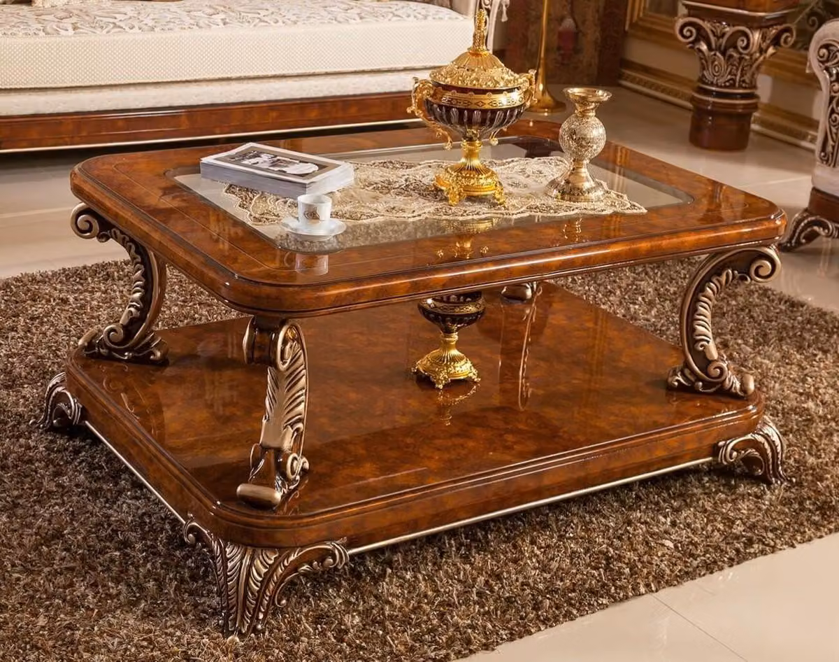 Casa Padrino tavolino barocco con piano in vetro marrone/bronzo - Magnifico tavolo da salotto in legno massiccio in stile barocco - Mobili da salotto barocchi - Nobile & Magnifico