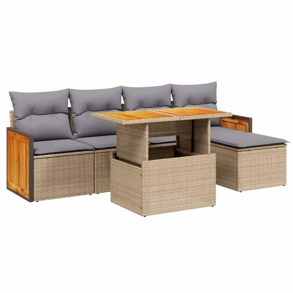 Set Divano da Giardino vidaXL 6 pz a L in Polyrattan con Cuscini Beige e Tavolino – 2