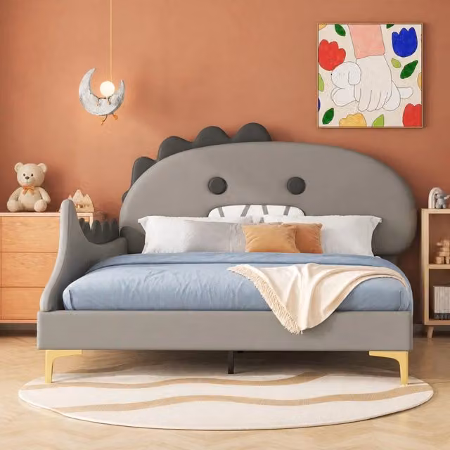 Letto singolo per bambini grigio a dinosauro in PU e MDF, 140 x 200 cm