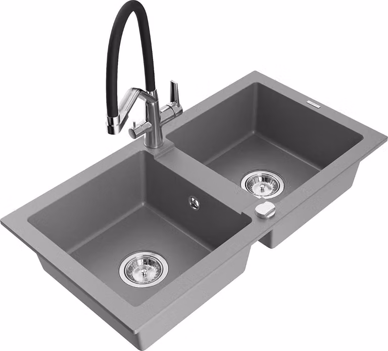 Mexen Mario lavello da cucina in granito a 2 vasche con miscelatore Duo, grigio - 6504-71-671701-07