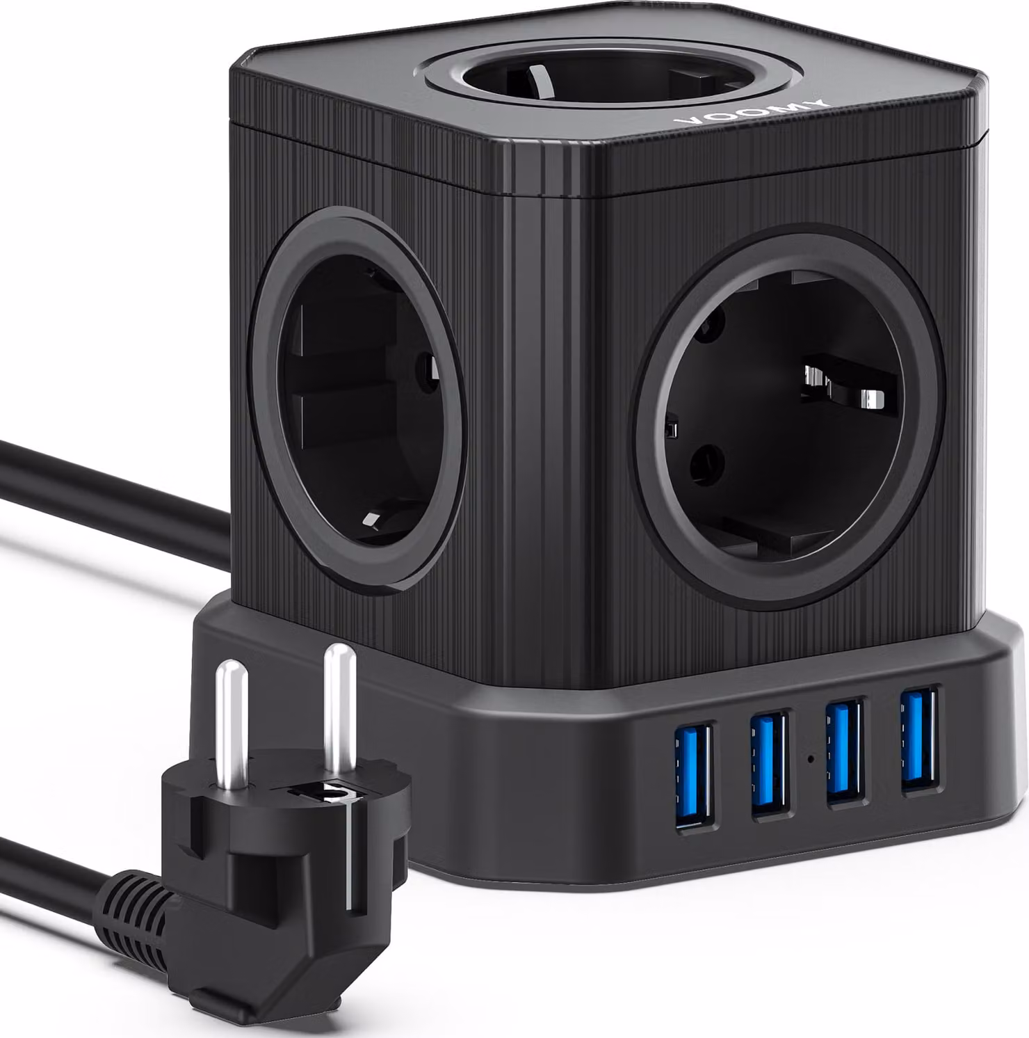 VOOMY Cubo di prese di corrente 9 in 1 con USB - Spina a 5 vie e 4 USB - Presa multipla con cavo da 2M e interruttore - Ciabatta elettrica con protezione da sovratensione - Powercube da 2500W - Nero