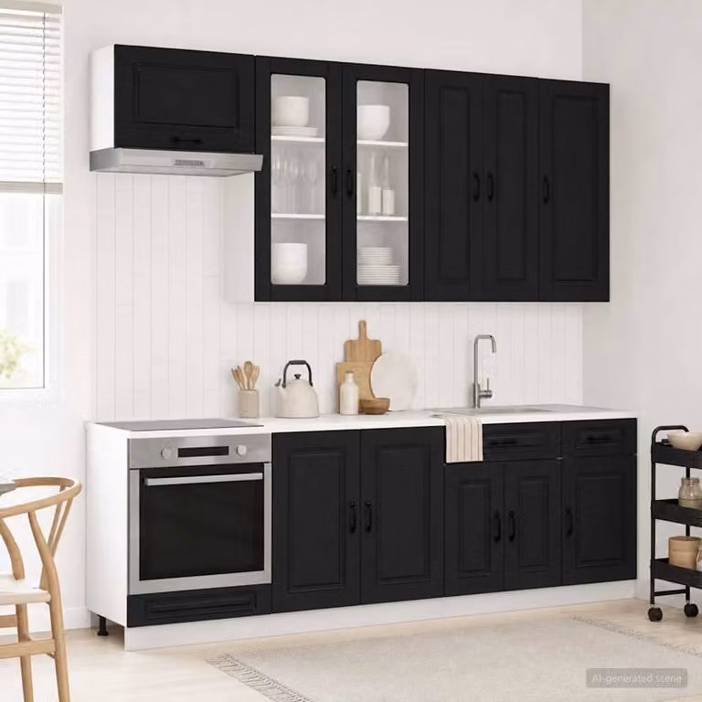 Unità cucina moderna vidaXL KALMAR a parete in 8 pezzi nero opaco con ante in vetro e MDF