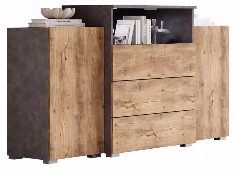 Comò da 150 cm per il soggiorno, con cassetti e elementi laterali, finitura "Matera" color noce