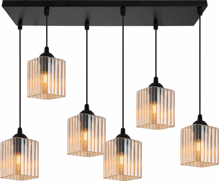 Lampada a sospensione Riffle nera a 6 luci con paralumi cubici color miele E27 – elegante lampada a sospensione per un'illuminazione interna moderna
