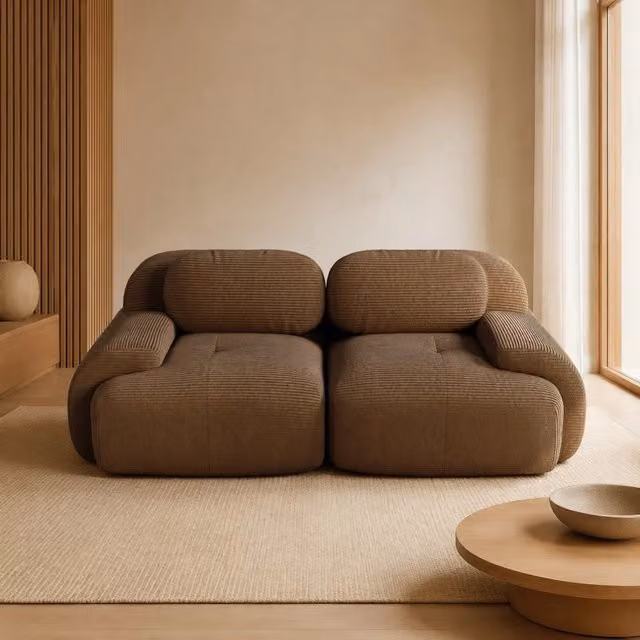Divano angolare modulare MIVRAY in velluto a coste marrone con schiuma ad alta densità L: 208 cm x P: 103 cm x H: 70 cm