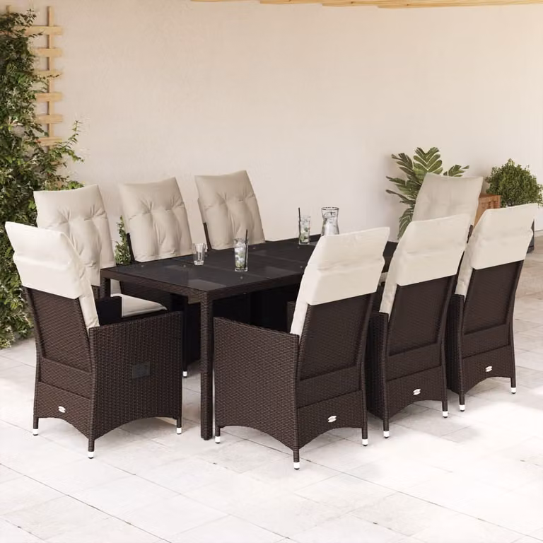 Set da Pranzo da Giardino vidaXL in Polyrattan Marrone e Bianco con 9 Pezzi e Cuscini