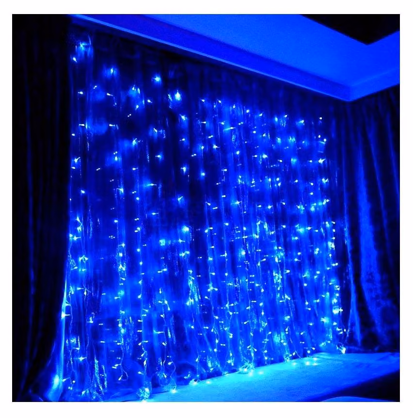 Illuminazione a tenda a LED, colore blu, 300 LED, dimensioni 3x3 metri, 8 modalità, 31 V