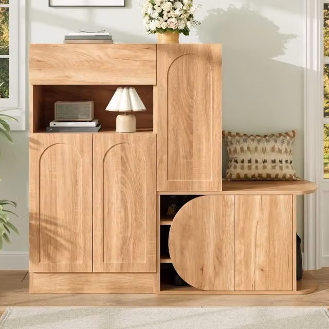 Scarpiera con panca e gancio, 5 ante, cassetto e vano aperto, per ingresso, in MDF naturale, 130 × 35 × 110.5 cm