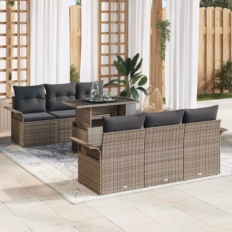 Set Divano da Giardino vidaXL 7 Pezzi Grigio con Cuscini e Tavolino in Polyrattan e Acciaio