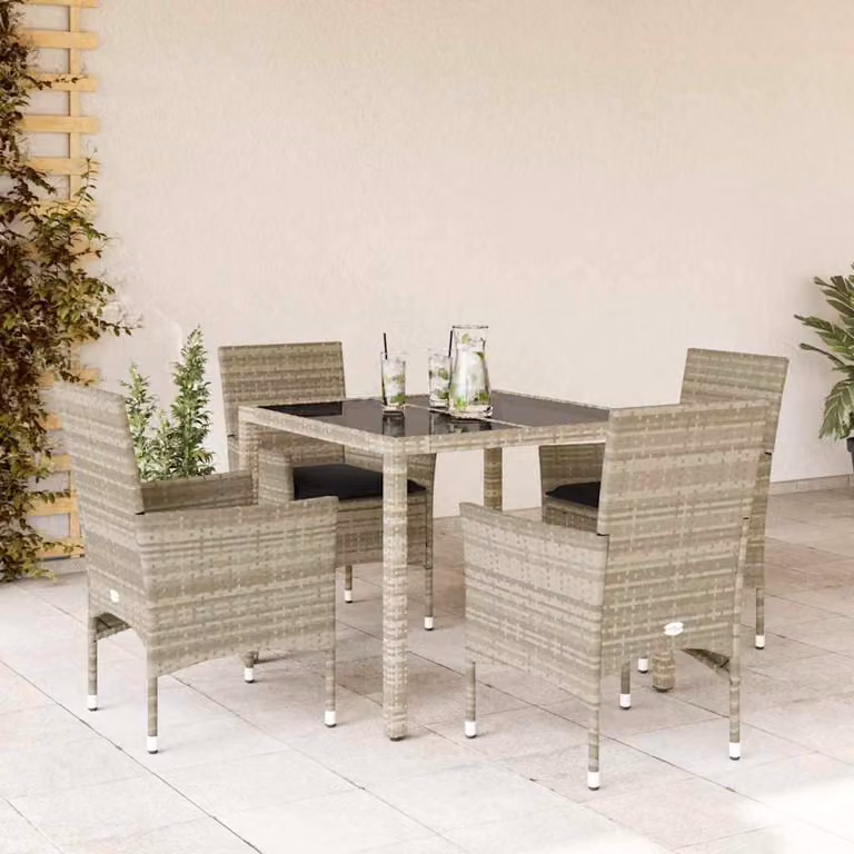 Set Pranzo da Giardino vidaXL in Polyrattan Grigio con Tavolo in Vetro e 5 Sedute con Cuscini