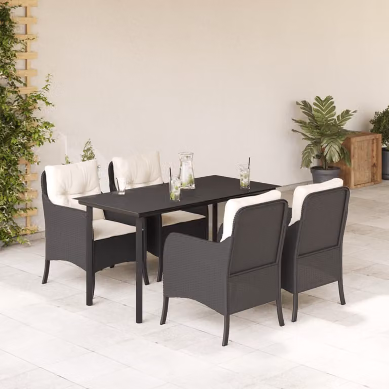Set da Pranzo da Giardino vidaXL in Polyrattan Nero con Cuscini e Tavolo in Vetro 5 pz