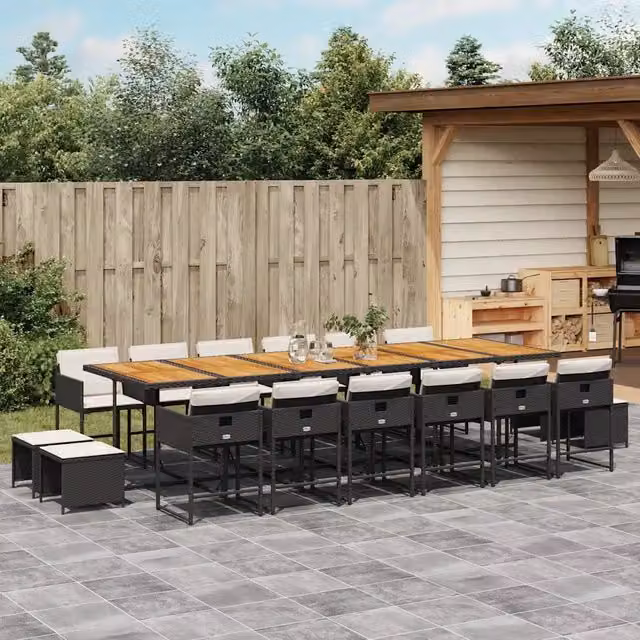 Set da pranzo da giardino vidaXL in polyrattan nero con cuscini e legno di acacia, 17 pezzi – 1