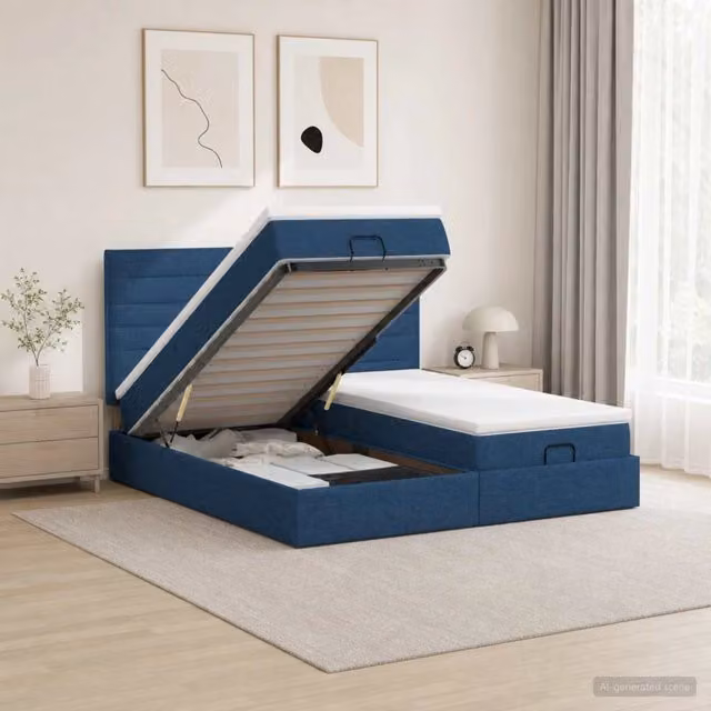 Letto ottomano con materasso e testiera vidaXL in tessuto blu e bianco, base a sollevamento, L/P/H: 200 x 200 x 88 cm – 1