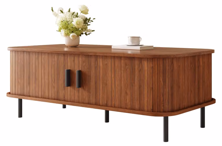 Tavolino rettangolare con ante scorrevoli, design a listelli, moderno