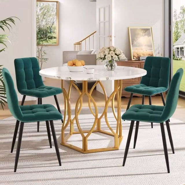 Set da pranzo Mivray composto da tavolo rotondo effetto marmo bianco e quattro sedie in velluto multicolore – 1