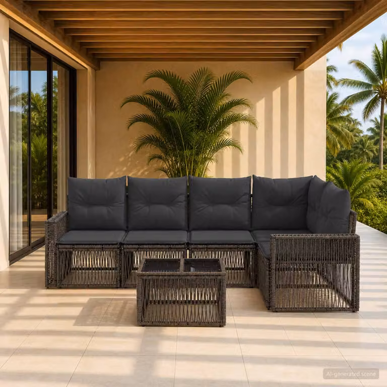 Set Divano da Giardino vidaXL 6 Pezzi a Forma di L con Tavolino, Colore Grigio e Antracite, Struttura in Metallo e Polyrattan con Cuscini Inclusi