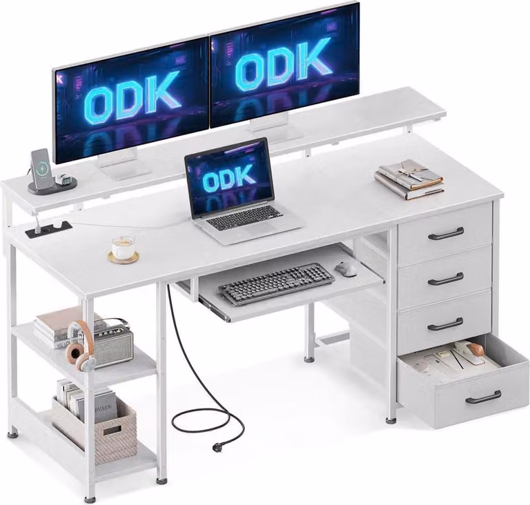 ODK Scrivania da gioco con 4 cassetti Prese USB Bianco 140x52x92cm