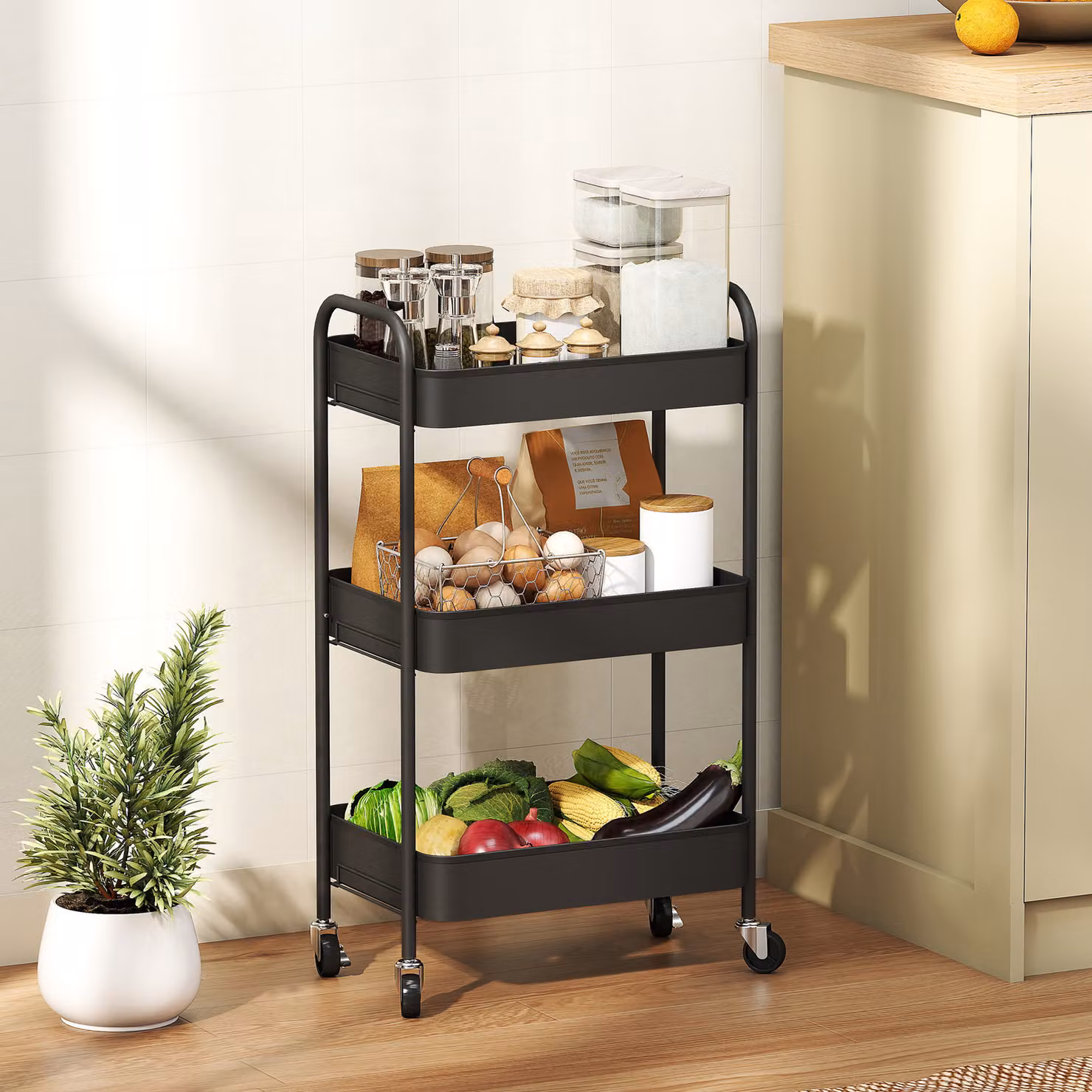 Carrello multifunzione HOMCOM con 3 ripiani e ruote, nero, L 45 cm x P 30,6 cm x H 79 cm – 2