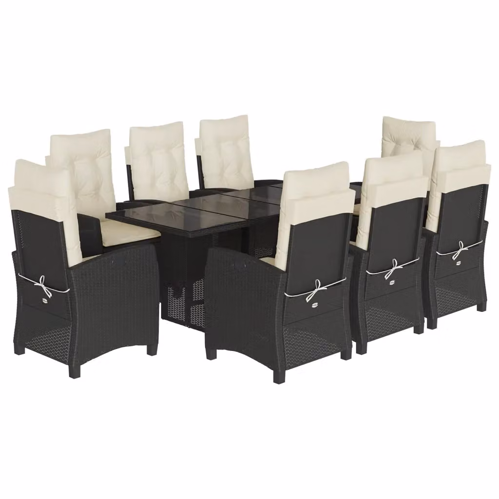 Set da pranzo da giardino vidaXL in polyrattan nero con cuscini e tavolo in vetro, 9 pezzi – 2