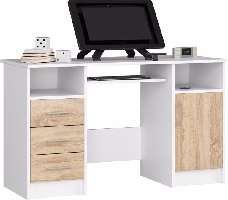 Scrivania per PC AKORD ANA Bianco con frontale in rovere Sonoma L124 x H74 x P52 cm