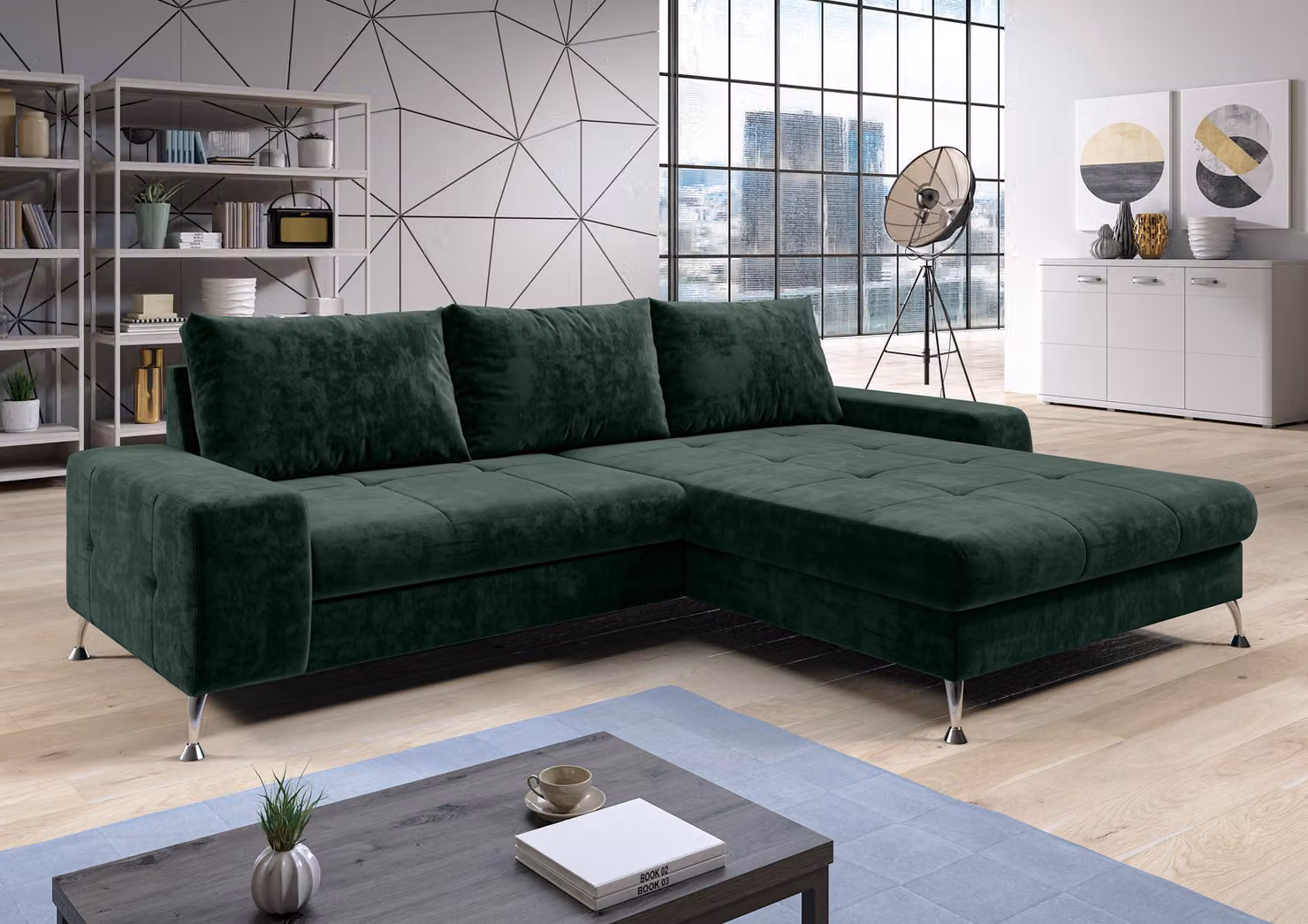 AX LIVING divano letto angolare con rete Artemia 275 cm in velluto verde R