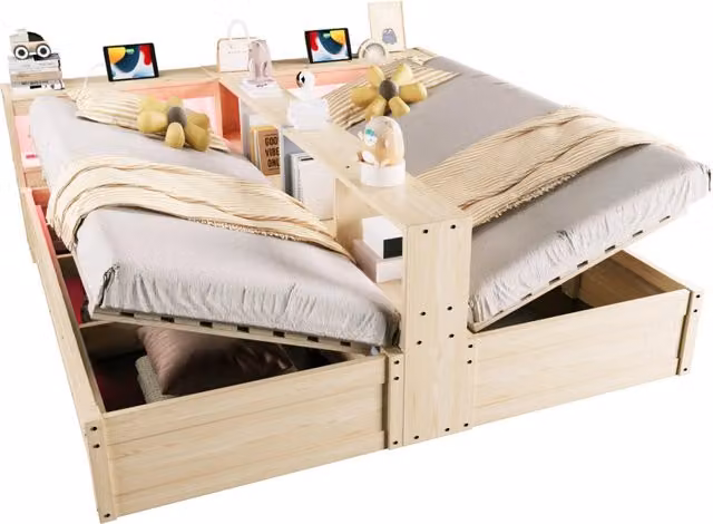 Letto multifunzione 90/180x200 cm con LED; prese integrate e contenitore idraulico in MDF