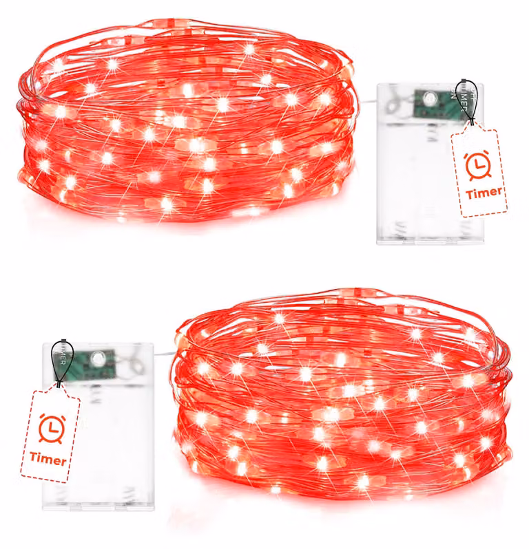 Catena luminosa a LED, 2 metri, 20 LED rossi, con timer, grado di protezione IP65, alimentazione a batteria