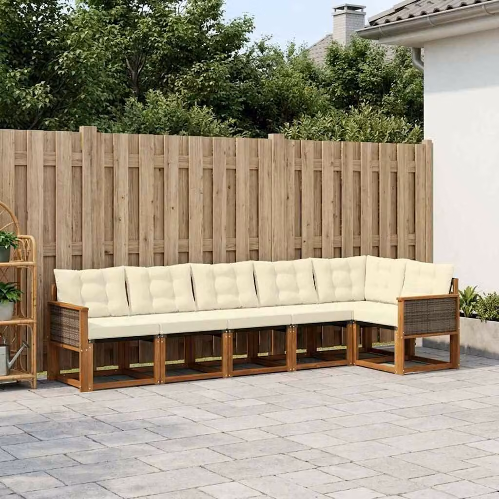 Set di divani da esterno vidaXL a forma di L composto da 6 pezzi in legno di acacia con cuscini in tessuto beige e crema