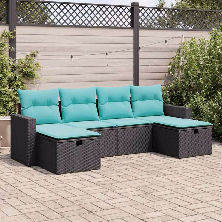 Set Divano da Giardino a L vidaXL in Polyrattan Nero con 6 Cuscini Imbottiti e Struttura in Acciaio Verniciato a Polvere