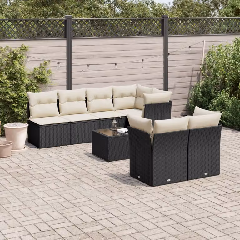 vidaXL Set Divani da Giardino a L con Polyrattan e Cuscini, 8 Pezzi, Nero e Bianco