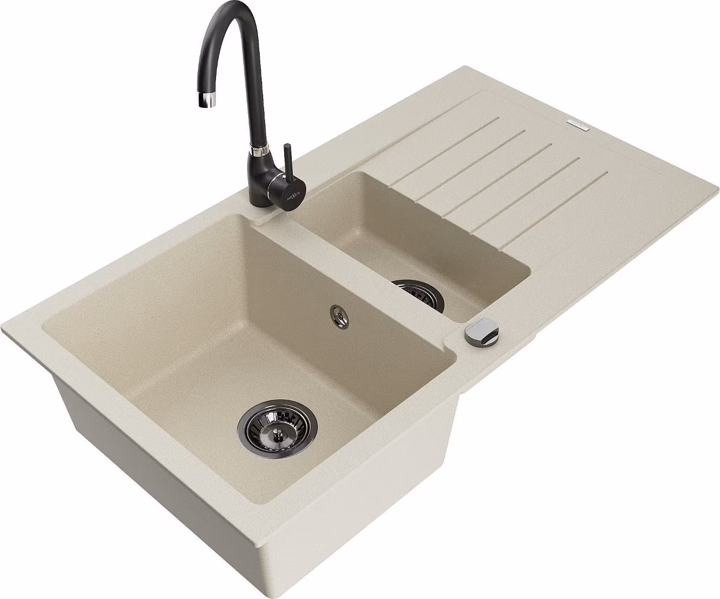 Mexen Matias lavello in granito 1,5 vasca con sgocciolatoio e rubinetto da cucina Telma, beige - 6502-69-670200-70