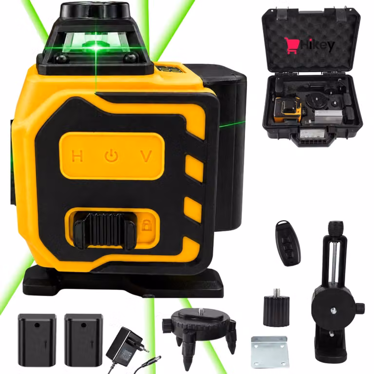 Hikey 4D laser a croce con 16 linee, 2x batterie, raggio verde, supporto a parete, controller, autolivellante, per uso interno