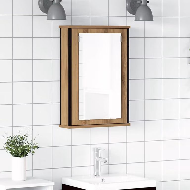 Mobiletto da bagno con specchio vidaXL in rovere e vetro, modello moderno a parete, L 42 cm x P 12 cm x H 60 cm