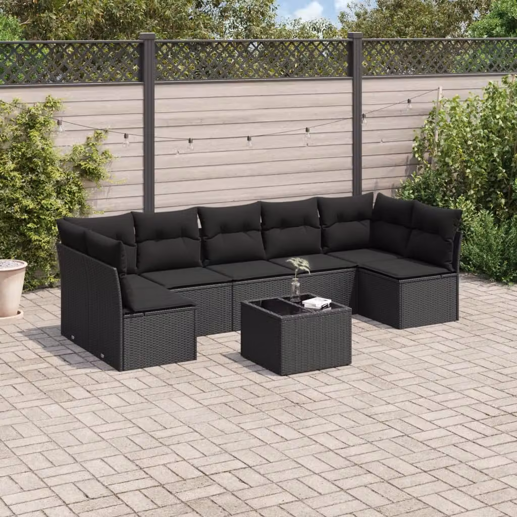vidaXL Set Divani da Giardino a L con Tavolino in Polyrattan Nero e 8 Cuscini Imbottiti – 1