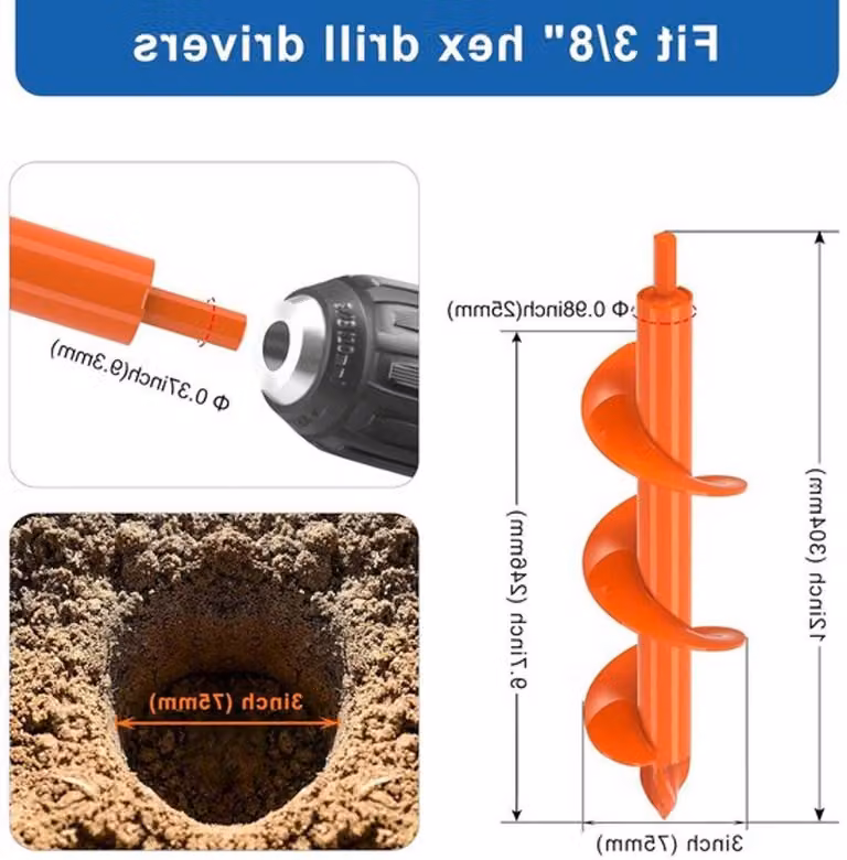 Trapano a terra professionale per il giardino, dimensioni 31 x 7,5 cm - Ideale per creare buche per piante, arbusti e pali, adatto per un collegamento esagonale da 10 mm