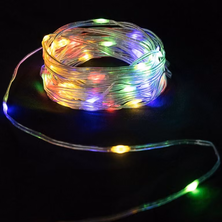 Catena luminosa a LED, 10 metri, alimentata a batteria, RGBY, PVC/rame