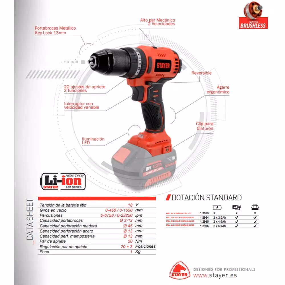 Trapano avvitatore a percussione con batteria STAYER 18V 50Nm, colore rosso, include 2 batterie da 2Ah PBL50L2022 – 2