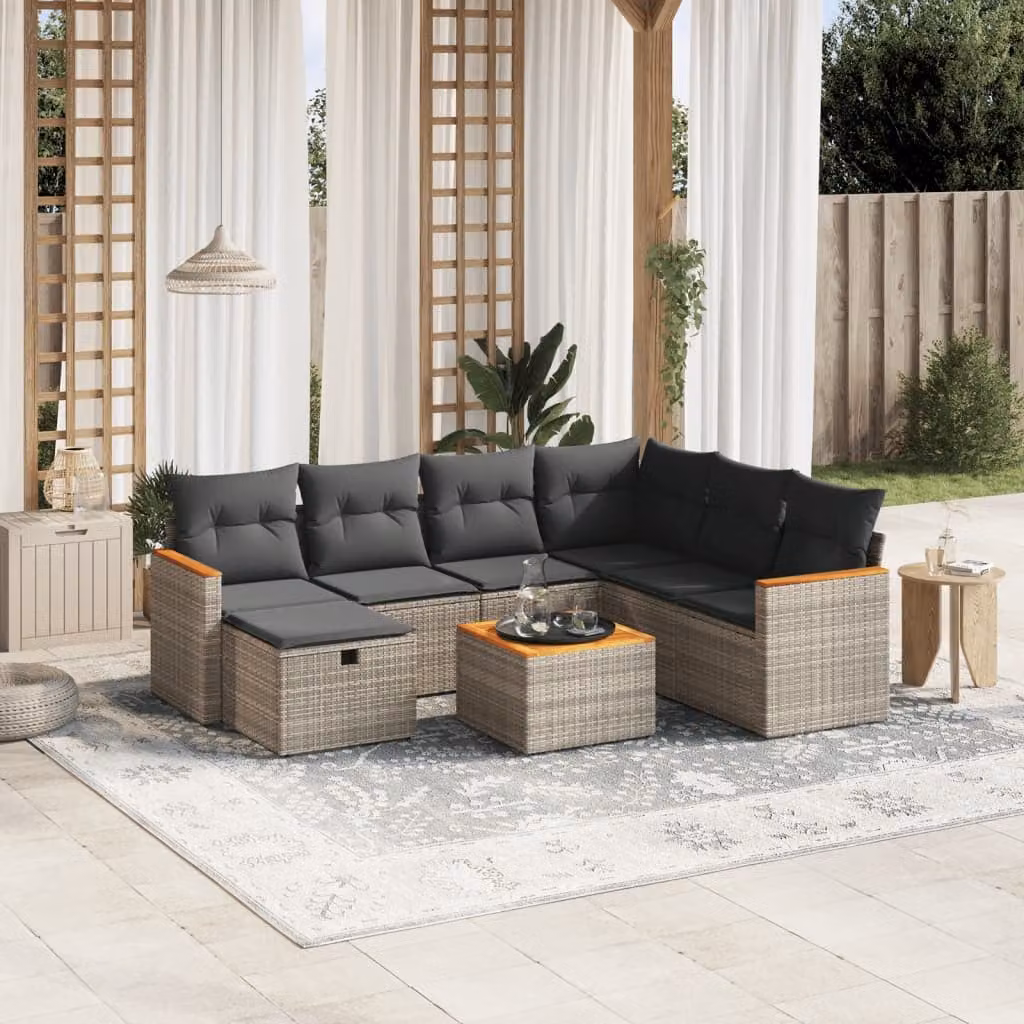 vidaXL Set Divano da Giardino a L 8 pz con Cuscini Grigio in Polyrattan e Struttura in Acciaio – 1