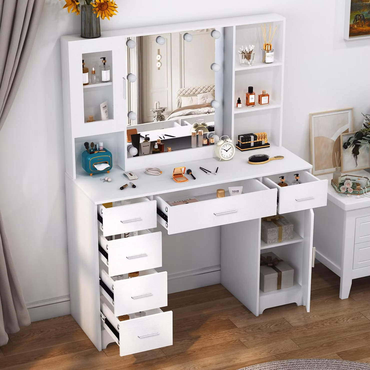 Comò con specchio - Bianco - 109 cm di larghezza - Realizzato in MDF e vetro - Mobile moderno - Tavolino da trucco