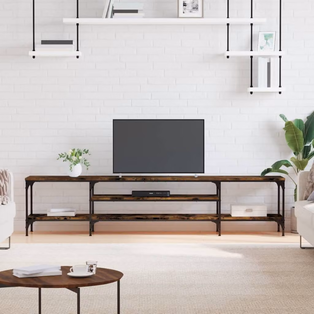 Mobile TV vidaXL in stile industriale in legno e metallo, colore rovere fumo, L: 201 cm, P: 35 cm, H: 45 cm