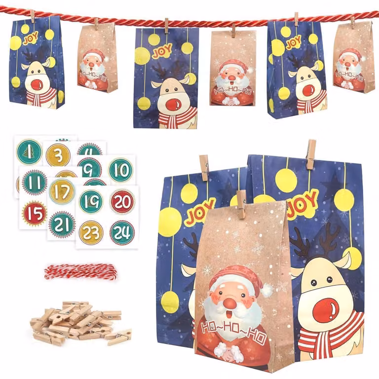 Calendario dell'Avvento grande, modello 2024, da riempire, con motivo del pinguino, sacchetti natalizi per bambini
