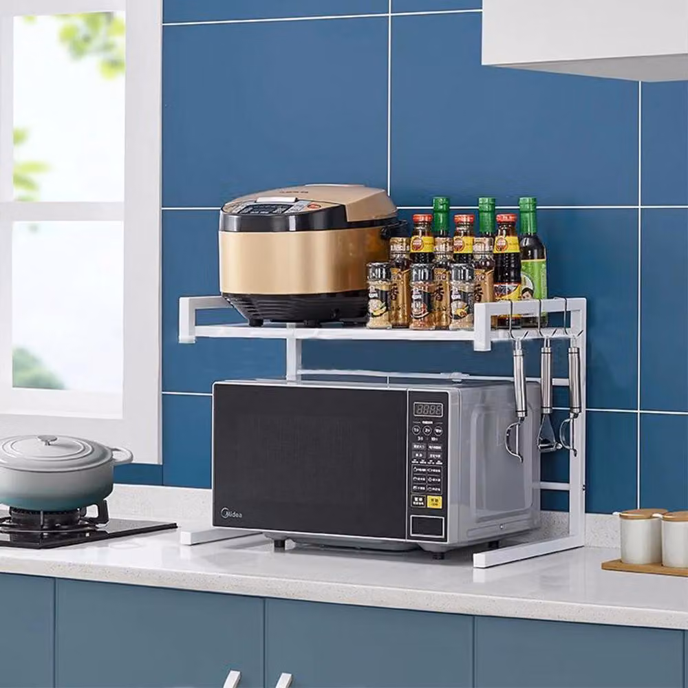 Scaffale per microonde - Scaffale da cucina a 2 ripiani - Estraibile 40–65 cm - Altezza 42 cm - XL - Acciaio - Con 3 ganci - Multifunzionale - Bianco
