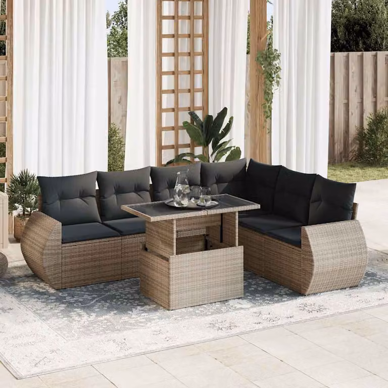 Set da giardino vidaXL in polyrattan grigio composto da 7 pezzi con cuscini e tavolino da esterno