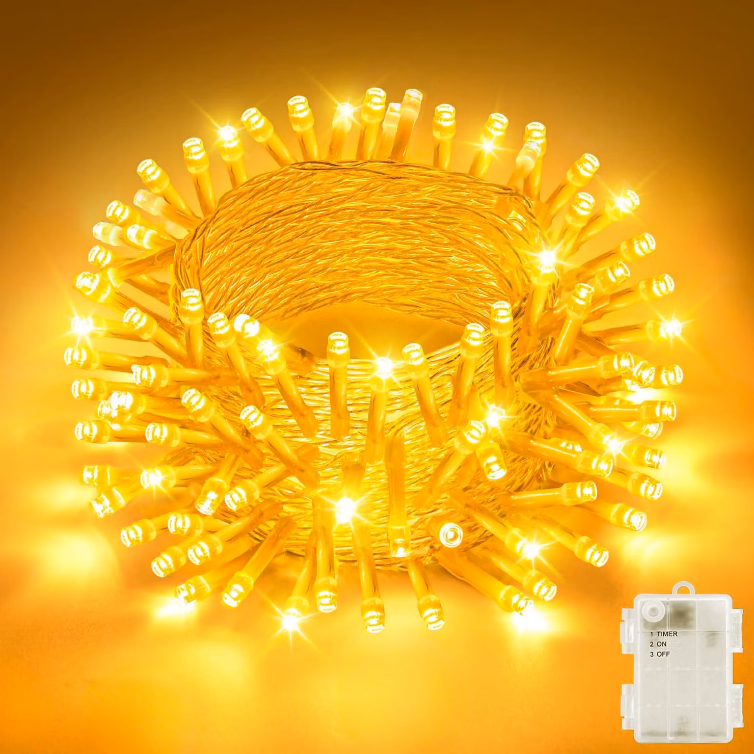 Catena luminosa a LED, 5 metri, 50 LED bianco caldo, con timer, grado di protezione IP65, alimentazione a batteria