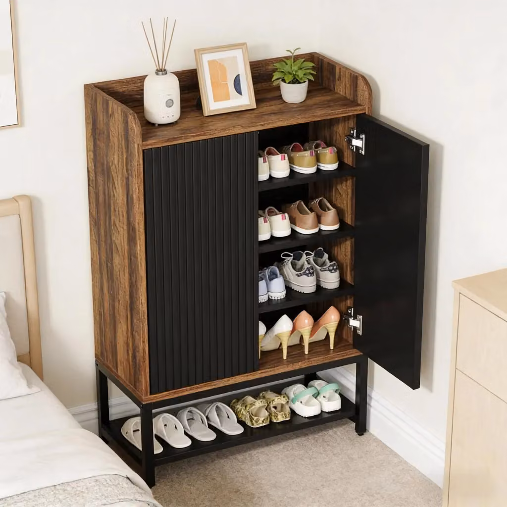Scarpiera da ingresso WISHDOR con 5 ripiani e ante a pressione, nero e marrone, L: 73 cm, P: 35 cm, H: 105,5 cm – 2
