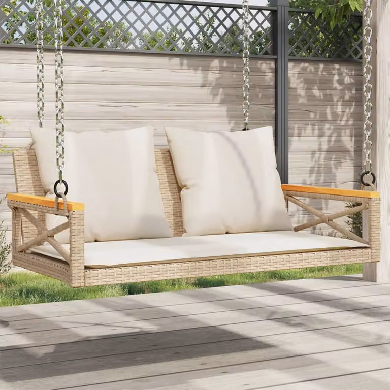 Panchina a dondolo vidaXL in polyrattan beige con cuscini, L/P/H: 109 x 62 x 40 cm