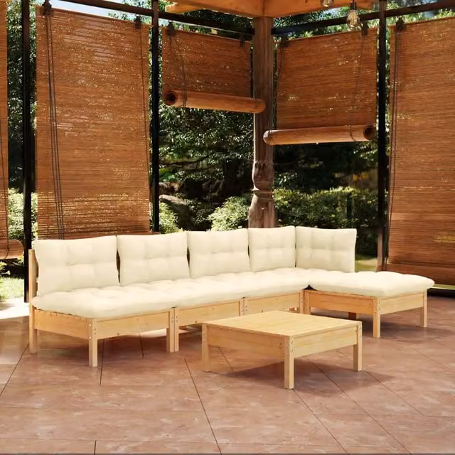 Set Divani da Giardino 6 pz con Cuscini Crema Massello di Pino 3096340