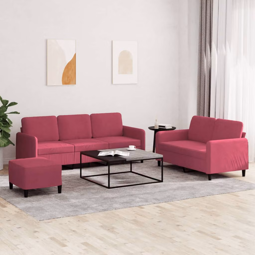 Set di divani vidaXL in velluto rosso composto da divano a 3 posti, divano a 2 posti e pouf con cuscini per il tuo soggiorno – 1